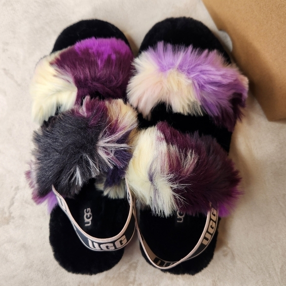 UGG Oh Yeah Tie Dye Magnolia Purple Black White Sling Back Furry Slipper… - Picture 10 of 14
